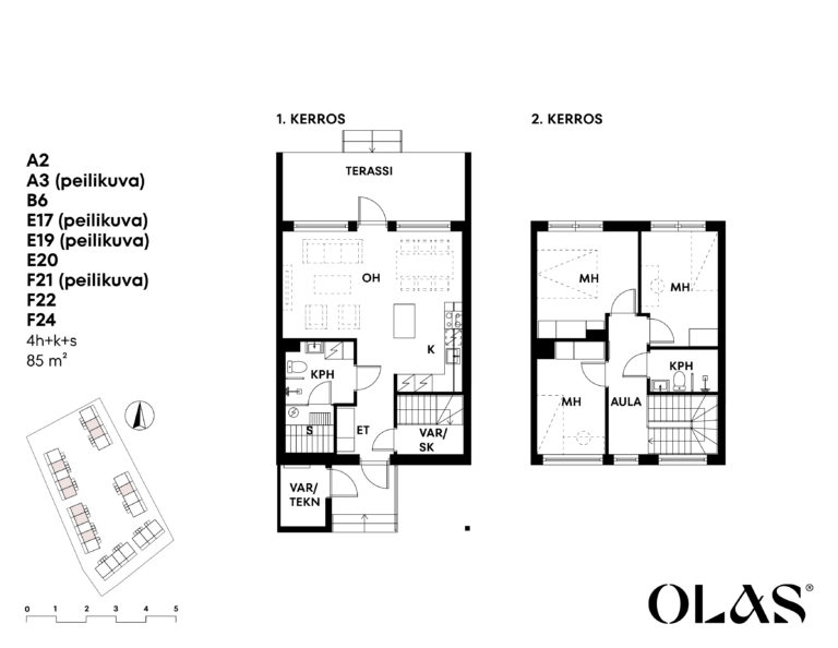 Olaksen kohteen Kirkkonummen Metsätähti asuntopohjakuva miniatyyrikartalla ja kompassilla. Kaksi kerrosta ja kolme makuuhuonetta, 85 neliötä tehokkaalla pohjalla.