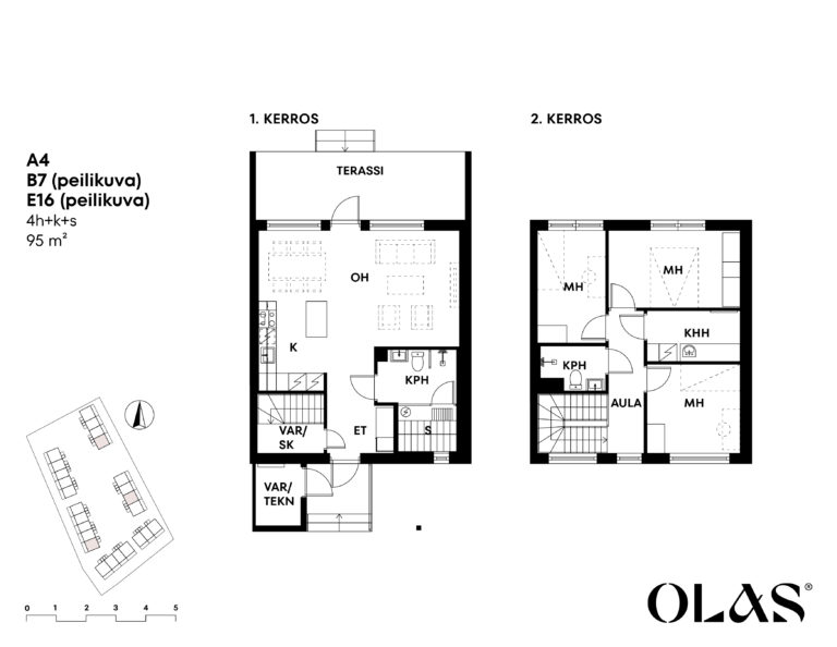 Olaksen kohteen Kirkkonummen Metsätähti asuntopohjakuva miniatyyrikartalla ja kompassilla. Kaksi kerrosta ja kolme makuuhuonetta.