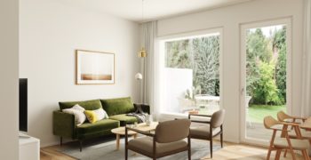 Myynnissä olevan rivitaloasunnon olohuone. Tyylikäs metsänvihreä sohva ja sohvapöytä vaaleaa puuta. Kaksi rukeaa nojatuolia. Suuri ikkuna ja lasiovi valoisalle terassille.